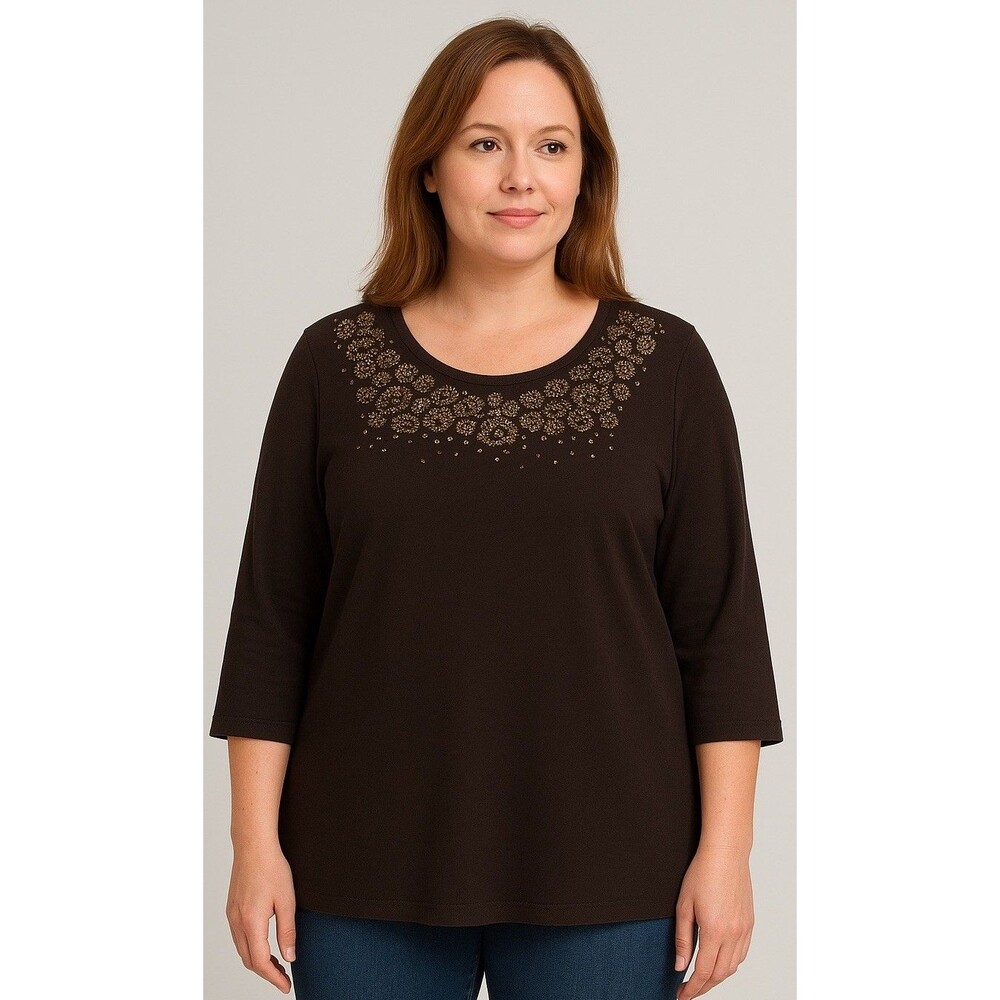 Quacker Factory Shirt Top Pullover Womens Large Brown Sequins Blingy 3/4 Sleeve